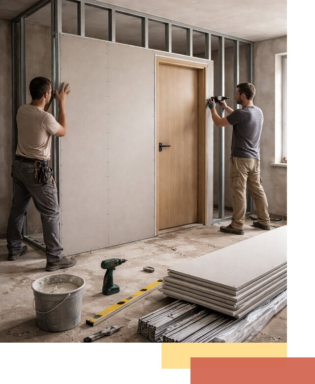 Перегородка из гипсокартона с дверью под ключ в Камышине