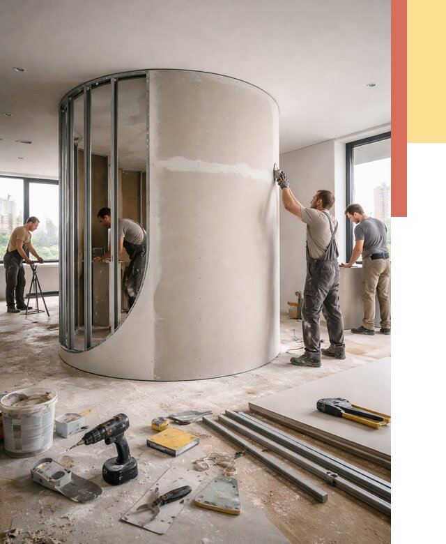 Радиусная перегородка из гипсокартона в Камышине от 2980 руб. под ключ | ОТДЕЛОЧНИК-Кмш