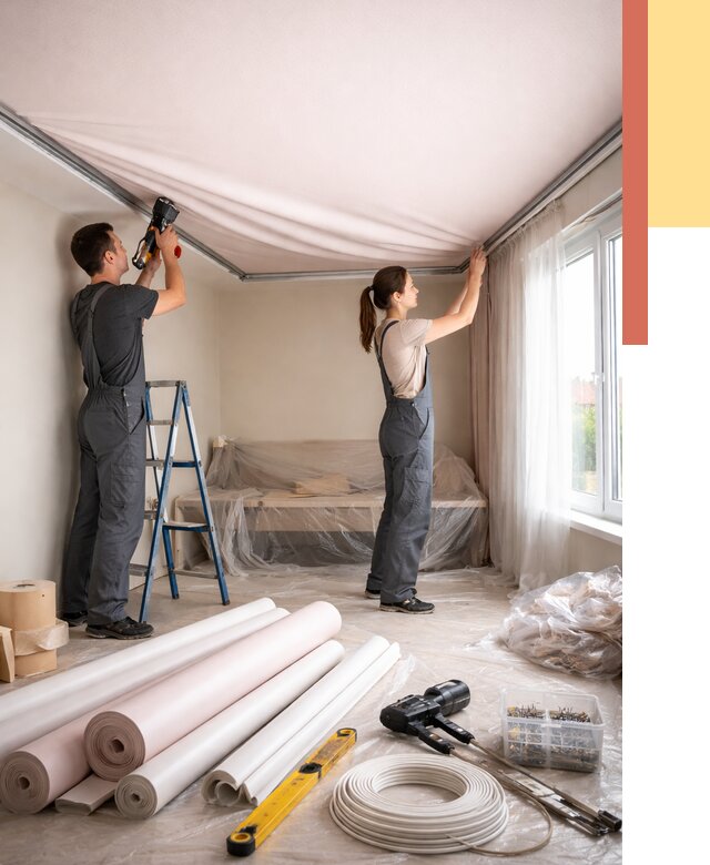 Монтаж цветного натяжного потолка в Камышине от 4316 руб/м² — быстро и недорого | ОТДЕЛОЧНИК-Кмш