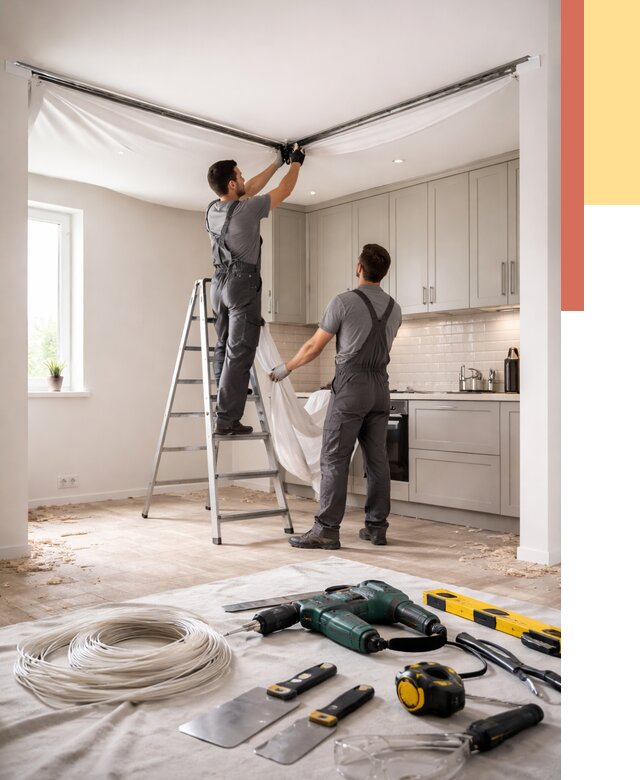 Установка натяжного потолка на кухне в Камышине от 2466 руб. | ОТДЕЛОЧНИК-Кмш