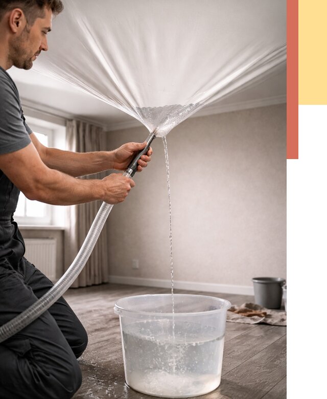 Слив воды с натяжного потолка в Камышине от 2569 руб. быстро и недорого | ОТДЕЛОЧНИК-Кмш