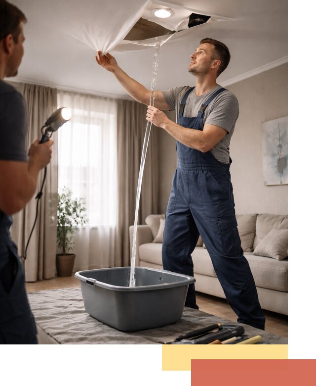 Слив воды с натяжного потолка в Камышине быстро и аккуратно