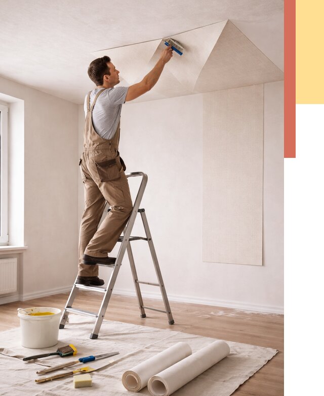 Поклейка обоев на потолок в Камышине от 4624 руб. быстро и недорого | ОТДЕЛОЧНИК-Кмш